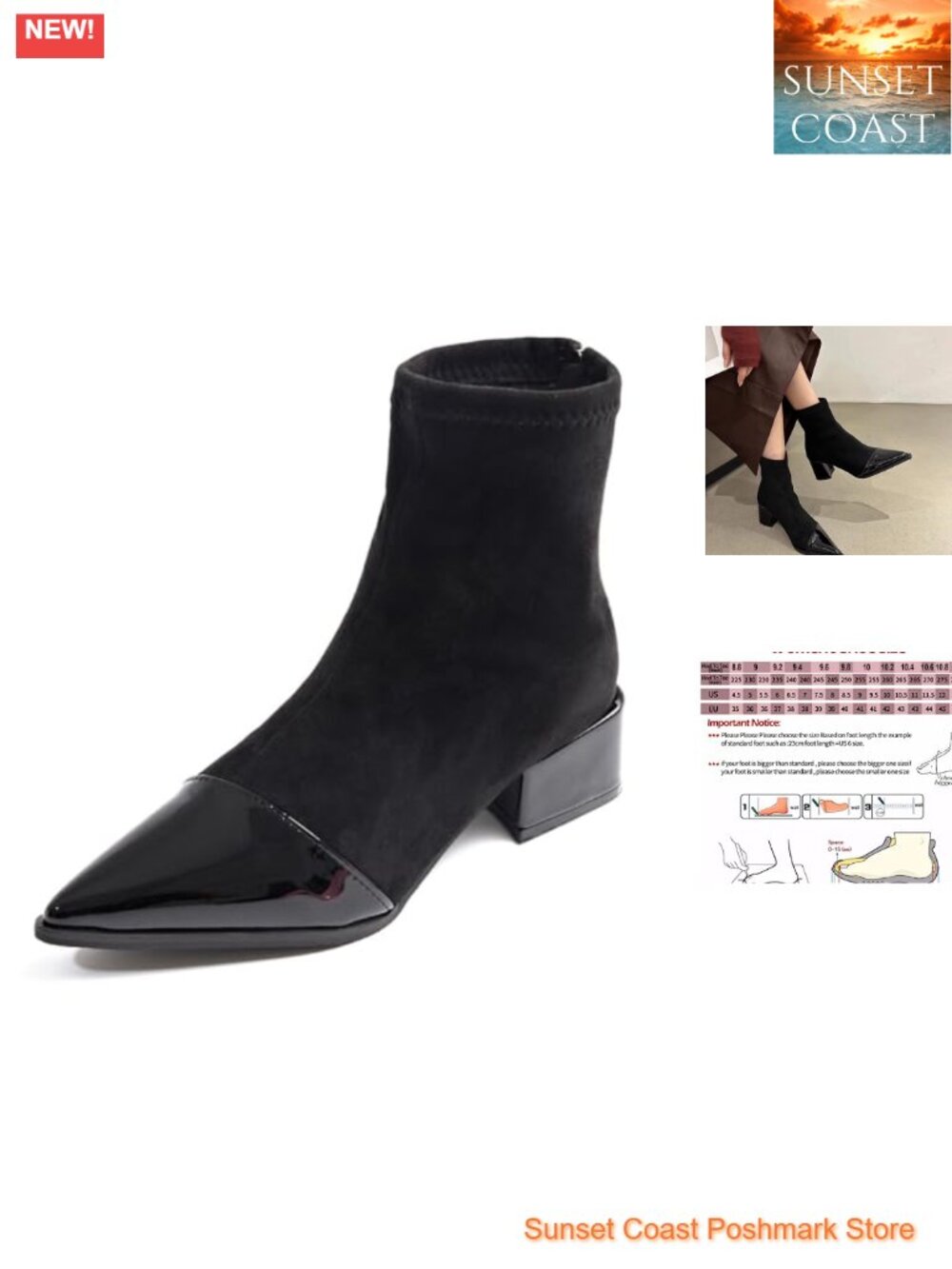 Women's Suede Chunky Heel Ankle Boots Side Zipper Pointed Toe Booties